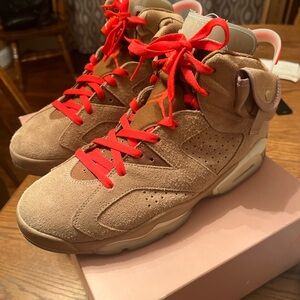 Stylish Suede Sneakers with Red Accents Travis Scott Jordan worn lightly clean